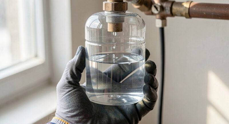 A transparent water trap on a ventilator circuit partly filled with clear condensate, held in a gloved hand.
