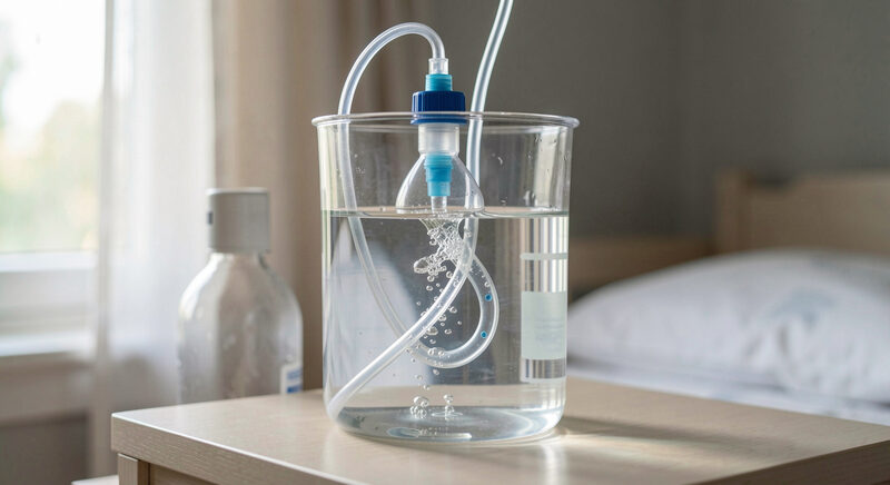 A neonatal bubble CPAP setup with the expiratory limb submerged in a water bottle and small bubbles rising.