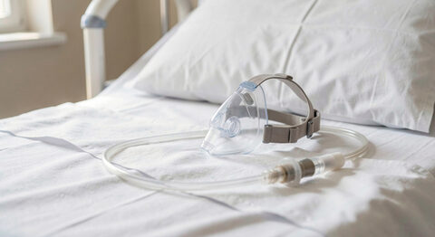 An oronasal NIV mask and headgear laid on a hospital bed beside a tubing connector