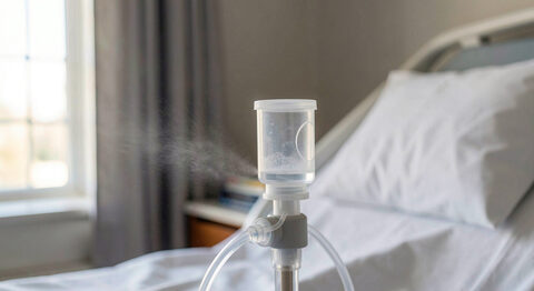 A small jet nebulizer chamber fitted into a ventilator circuit near the Y-piece, with mist inside